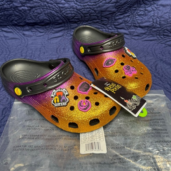 CROCS Shoes - New Crocs Hocus Pocus Sisters Glitter Clogs Women‎ Size 7 Orange Purple Jibbitz